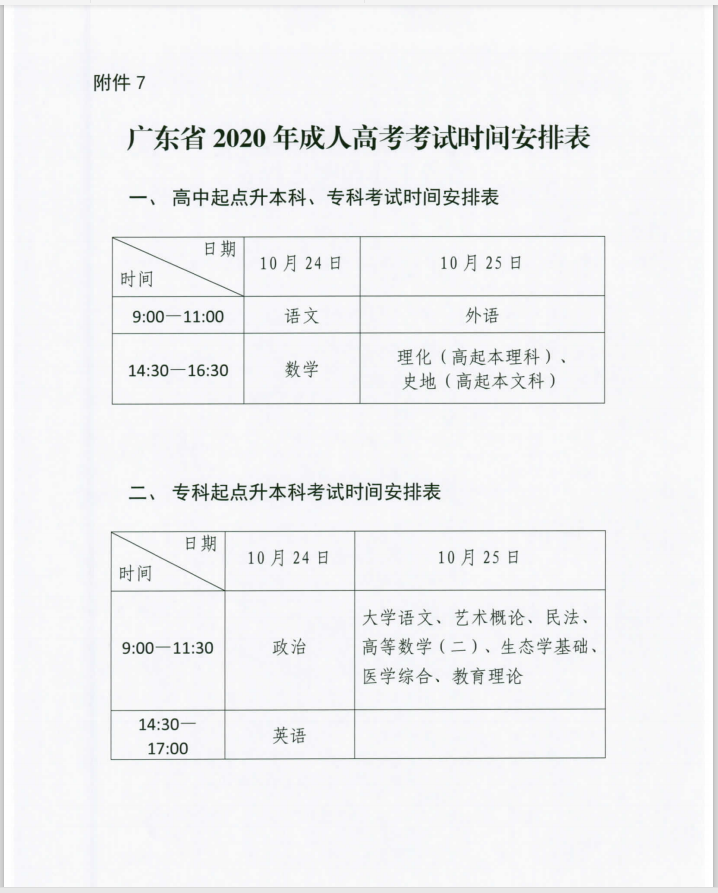 2020年廣東成人高考考試科目及時(shí)間安排！（最新版）